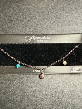 NWT VINTAGE STERLING SHELL CHARM TURQUOISE LAPIS ANKLET BRACELET 10" OLD STOCK